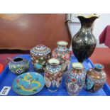 Cloisonne Ware - Five vases, mini teapot, dish and brass vase.