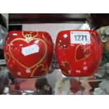 A Pair of Anita Harris Mini Heart Purse Vases, 7.5cm high.