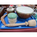 Porcelain Lined Oak Fruit Bowl and Tea Caddy, tin pastry cutters, wooden mallet, small boomerang:-