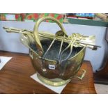 XIX Century Brass Coal Scuttle, three brass fire irons and two pairs of tongs.