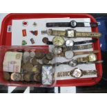 Wristwatches, including Sekonda, Casio, Ingersoll Pocket, Watch, badges, coins, trinket box:- One