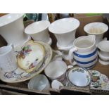 Five Wedgwood Shell Handled White Vases, W. Moore painted dish, comport, Portmeirion mug, glass