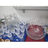 A Cut Glass Claret Jug and Six Matching Glasses, eleven Stuart crystal wine glasses, two vases and a