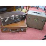 Hessian Covered Hat Box, with leather handle to hinged lid, 46cm wide, two suitcases. (3)