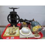 Majolica Style Fish Teapot, bronze equestrian group, soapstone figure, etc:- One Tray