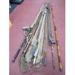 Fishing Seven Rods, to include 'Martin James', bamboo, split cane and keep net, conditions varying.