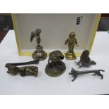 White Metal Model Bird, 7cm wide, cherub finial, brass cat door knocker, cat knife rest, etc.