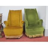 A Pair of 1920's Bedroom Chairs, upholstered in a gold and green velvet. (2)