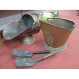 XIX Century Copper Coal Helmet and Log Bucket with Shovels.