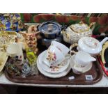 Sadler Crinoline Lady Teapot, Gladstone tea for two, novelty dogs (one damaged), glass bird