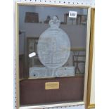 Fire Mark 'Royal Exchange 1773', having crown finial, numbered 'JJ66', framed.