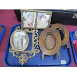 Pair of Arts & Crafts Oval Oak Photo Frames, 21.5cm high, three brass/metal examples.