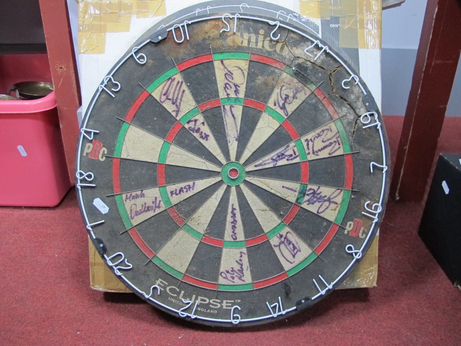 Unicorn Dart Board, bearing eight ink signatures, including Peter Manley, Mark Dudbridge, (