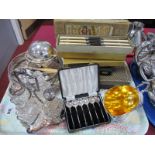 A Four Bottle Cruet on Plated Stand, plated trays, coffee bean spoons, butter dish, boxed