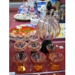 Art Deco Pink and Black Glass Decanter, on octagonal base, four matching tots and four others