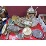 Silver Backed Brush (damaged), Regent clock, dressing table ware, etc:- One Tray