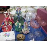 Five Royal Doulton Figurines (damages), Poole box, glassware, mineral beetle:- One Tray