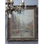 French School, Study of a Busy Street with Cathedral in Distance, oil on canvas, signed indistinctly