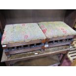 A Pair of Edwardian Footstools, with upholstered tops on turned and block supports.