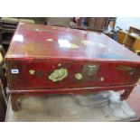 Chinese Red Lacquer Chest, featuring exotic birds and foliage, in stand with traditional shaped