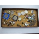 Assorted Badges, Coins, etc, including three £5 commemorative examples:- One Tray