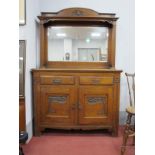 Late XIX Century Oak Mirror Back Sideboard, with reeded back supports, Art Nouveau pokerwork carving