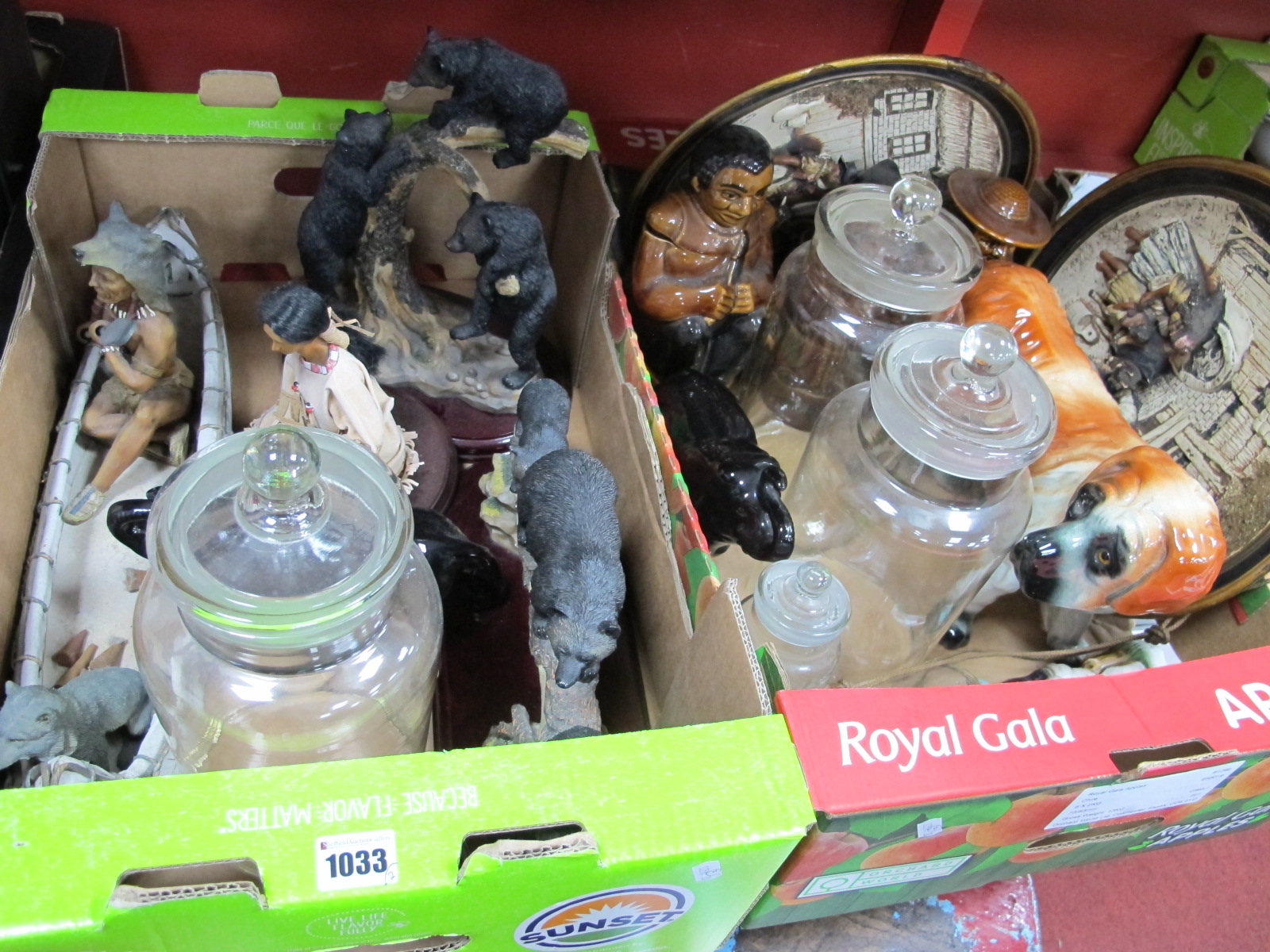 Resin Figures, glass sweet jars, plaques (damaged), pottery figures:- Two Boxes