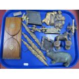 Early XX Century Oak Book Trough, vesta case, brass toy elephant, pig, etc:- One Tray