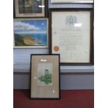 Oak Framed Diploma, English School Distant Beach Scene, oil painting, 33 x 44cm and Robson print. (