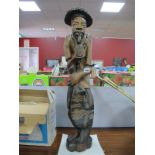Carved Wooden Figure of Gentleman Smoking Pipe, 78cm high.