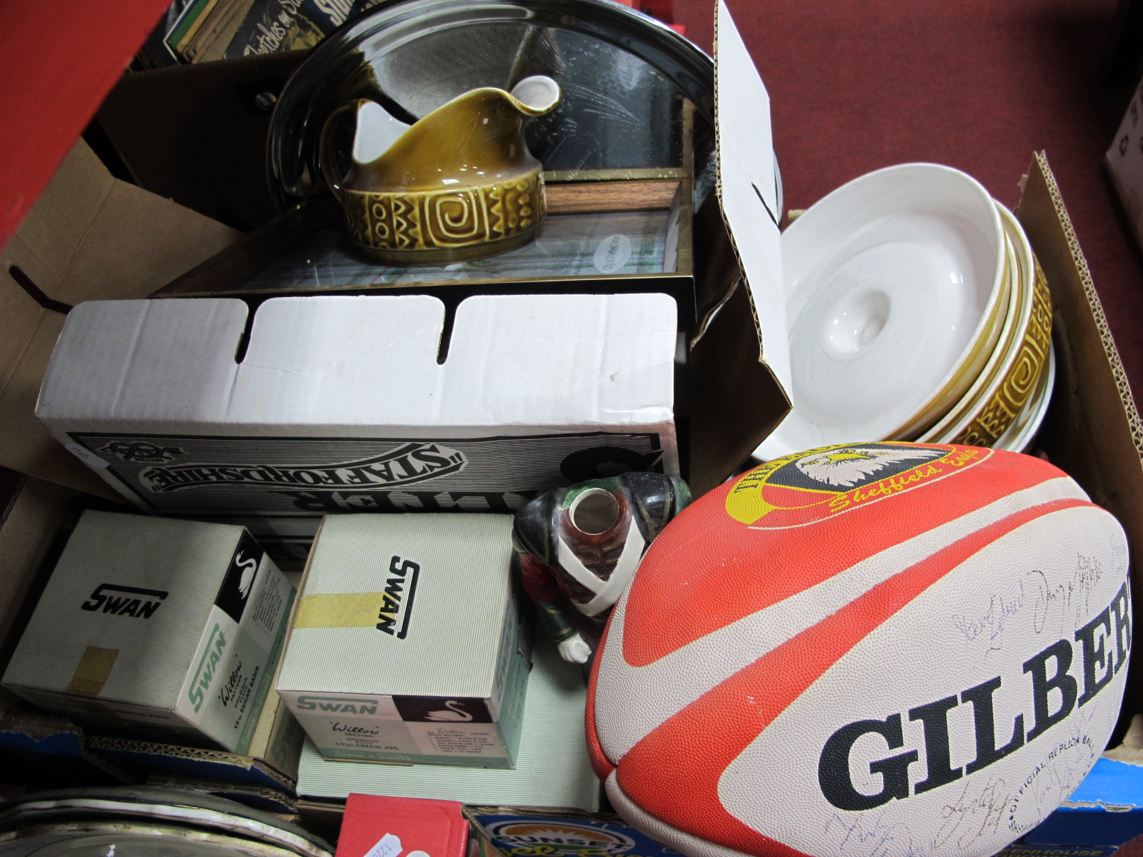 Salter Scales and Weights (boxed), Cromalin Plate 'Swan' tea service, signed Eagles rugby ball etc:-