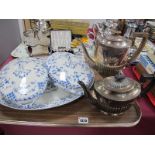 Pair of Woods Blue and White Oval Tureens and Oval Meat Plate; Dixon's plated teapot and coffee