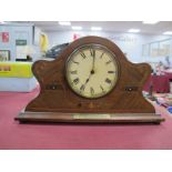 Early XX Century Inlaid Mahogany Cased Mantel Clock, black Roman numerals to cream dial,