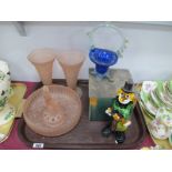 1930's Pink Glass Table Centre, having figural rose holder, similar vases, clown, Sarreguemines