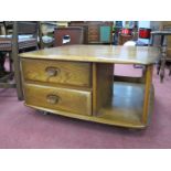 Ercol Style Elm Coffee Table Unit, with rounded corners to square top, having two drawers and curved