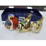 Royal Crown Derby Paperweights, 'Robin', and 'Fire Crest', both 1st quality and 'Blue Tit' 2nd