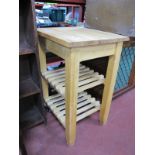 Kitchen Island Table, with slatted undershelves, 60cm wide.