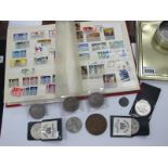 Three Commemorative Five Pounds Coins, Crowns, two medals, British mint stamps and others, in