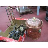 Beaten Copper Coal Box, having brass lion mask handles, jam pans, companion set, spirit kettle,