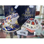 Royal Crown Derby Paperweight 'Turtle', date code for 1998 and 'Frog', date code for 1997, both gold