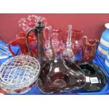 Cranberry Glass Jugs, Bowls, Vase, ruby glass posy bowls, rose bowl, etc:- One Tray