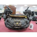 Bronze Bowl, with mythological beasts as handles and mask to body, 24.5cm wide.