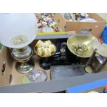 Oil Lamp, Scales and Weights, Tins, etc:- One Box