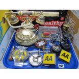 Three 'AA' Car Badges, onyx telephone, mini miners lamp, etc:- One Tray