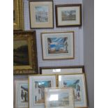 Six Continental Portside Oil Paintings, 18 x 23cm; four signed prints. (10)
