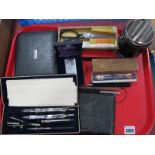 Three Geometry Sets, Ronson lighter, pens, pinking shears, etc:- One Tray