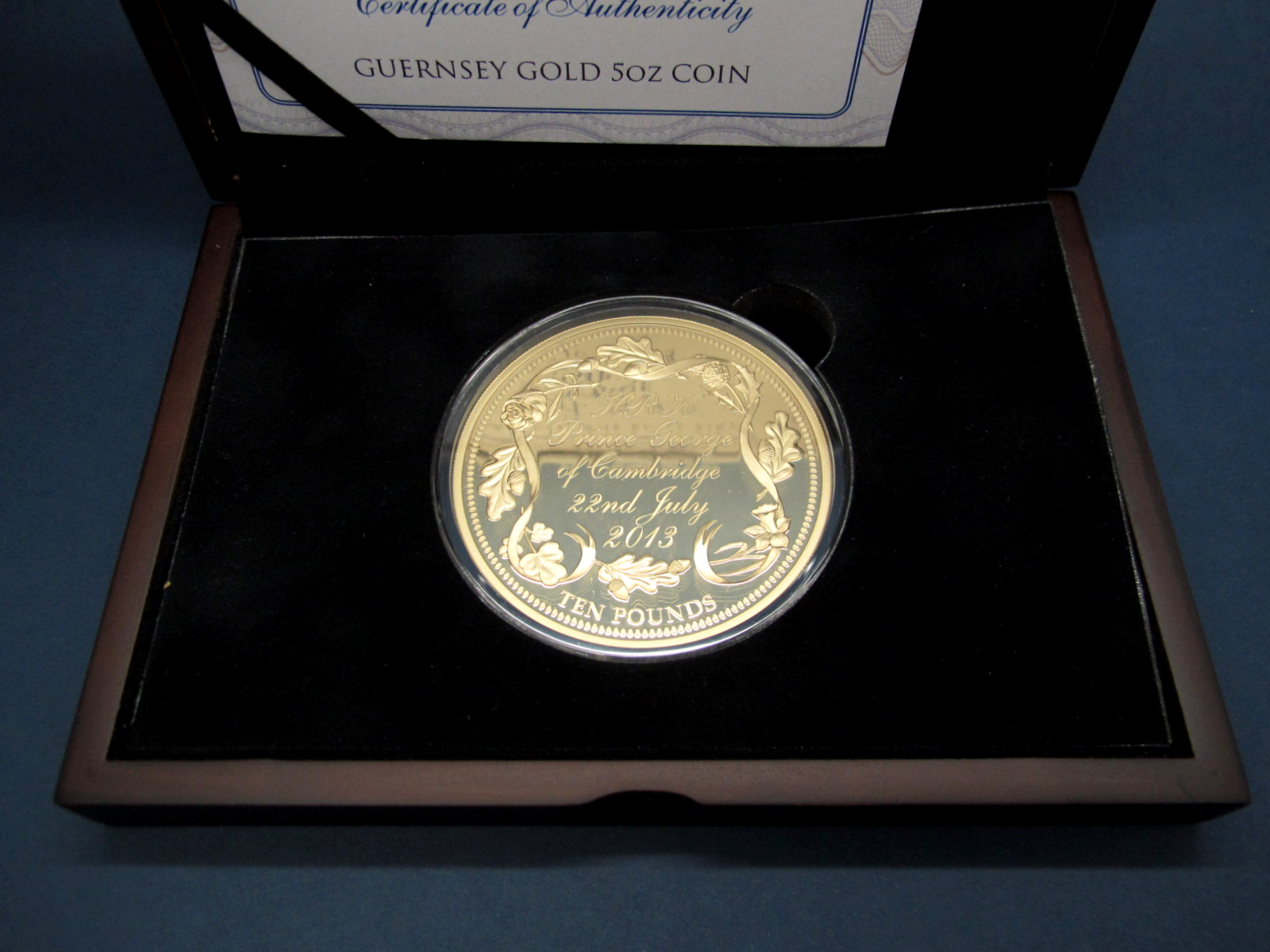 Guernsey 2013 Gold 5oz Coin Ten Pounds 'HRH Prince George of Cambridge 22nd July 2013, certified