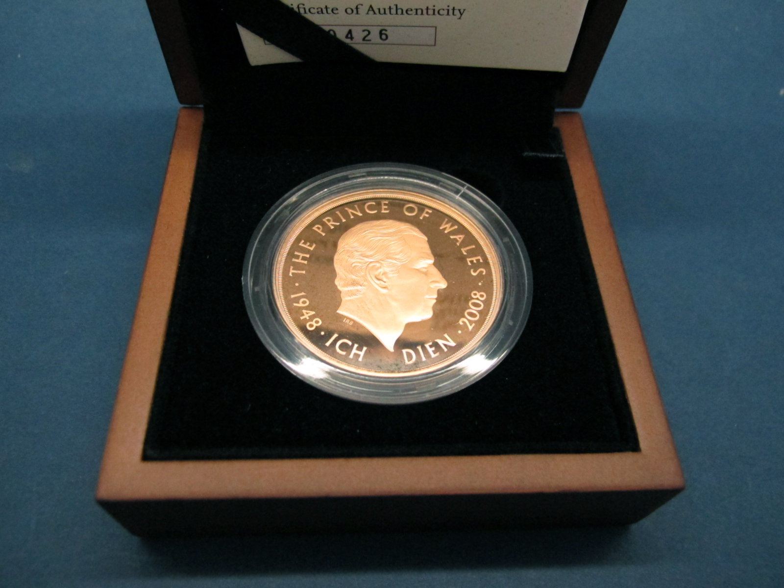 The Royal Mint 2008 UK His Royal Highness The Prince of Wales Five Pounds Gold Proof Coin, certified