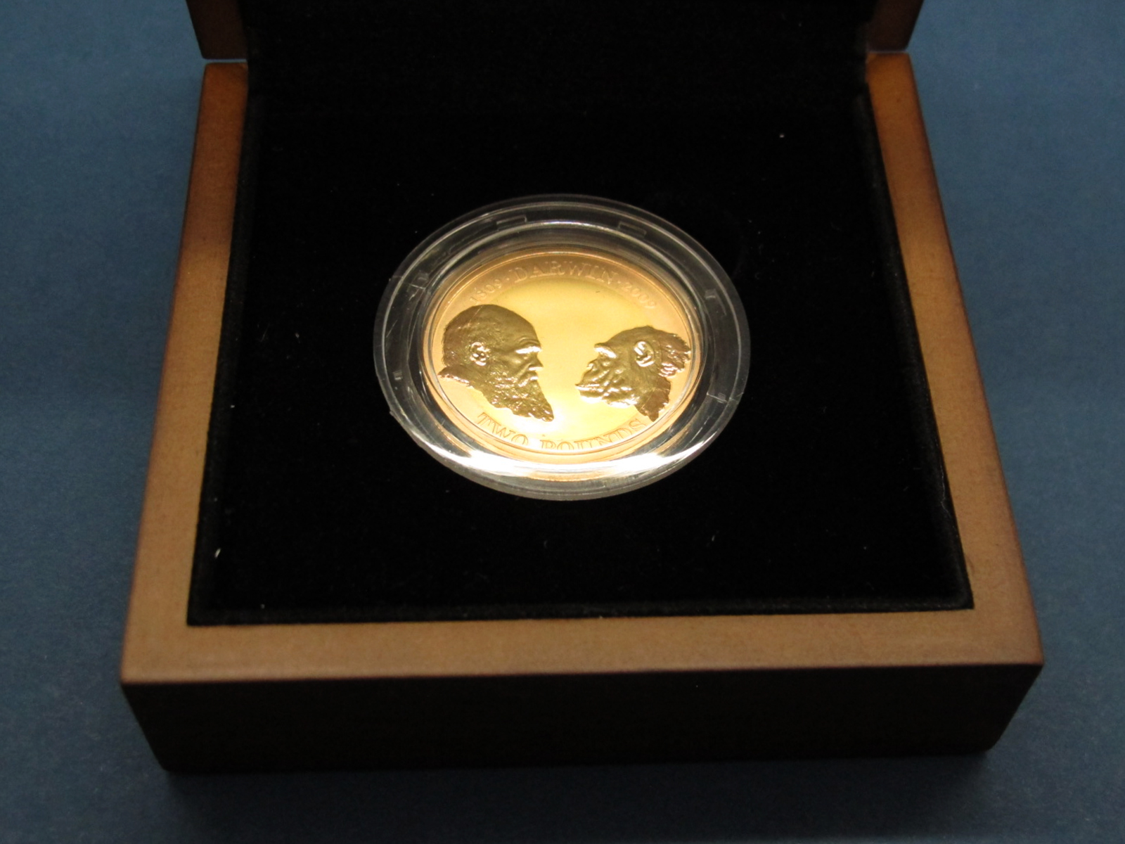 The Royal Mint 2009 UK Charles Darwin Two Pounds Gold Proof Coin, certified No.0322, cased.