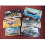 Six Plastic Model Military Aircraft Kits by Airfix, mostly 1:72nd scale including Dassault Mirage,